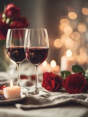 Romantic dinner at a table decorated with rose petals, glasses of wine, lights and candles
