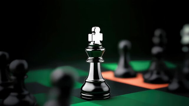 Black king chess piece on green and black chessboard with blurred pawns in background symbolizing strategy focus game and power in chess play