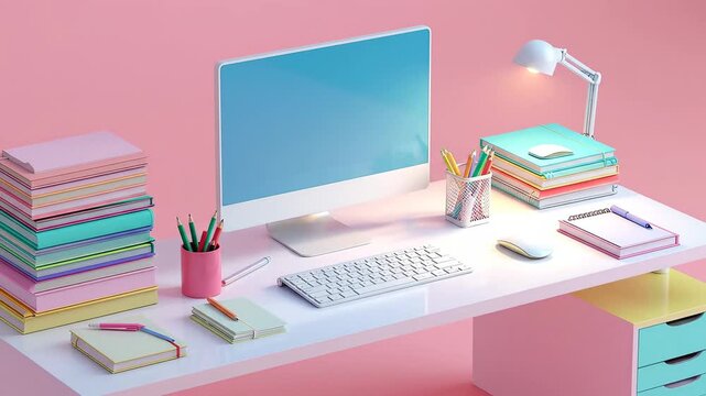 Modern workspace setup featuring a computer, books, and stationery against a pink background.