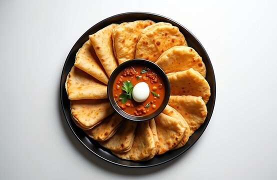 Close up of Kerala parotta or flatbread dish. Food is served with egg curry in black bowl on plate. Famous indian meal ready to eat for lunch.