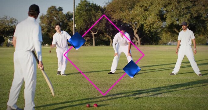 Bowler releasing ball, batsman swinging, diamond overlays, fielder leaping and catching for sport