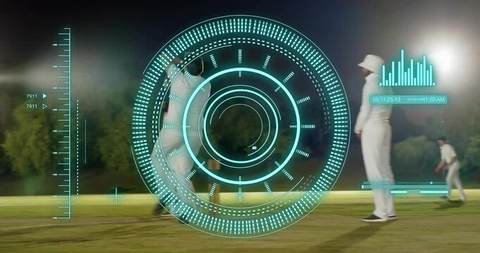 Cricket bowler bowling, batter trying run, HUD tracking stumps, umpire raising arm under lights