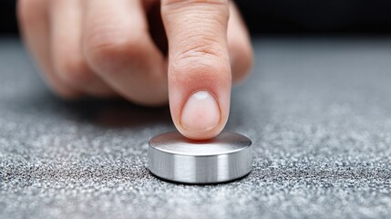 Close-up on a finger pressing a round metallic button on a gray, textured surface. The scene is captured in sharp focus, showcasing the textures of both the finger and the surface beneath.