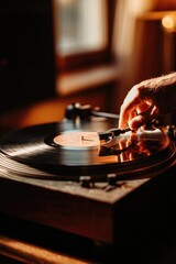 Obraz premium A hand guiding the needle on a spinning vinyl record on a turntable. Concept Hand guiding the needle on a spinning vinyl record, Close-up of tonearm and grooves on a turntable