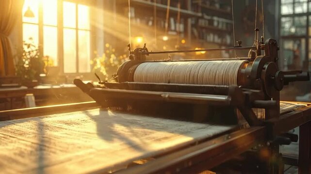 Vintage weaving machine in a workshop, illuminated by warm sunlight, creating textile.