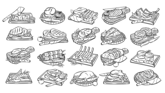 BBQ meat on wooden boards line icons set. Outline hand drawn sketches of grilled steak and sausage, chicken and vegetable with fork and knife. Grill menu mascots, BBQ food icons vector illustration