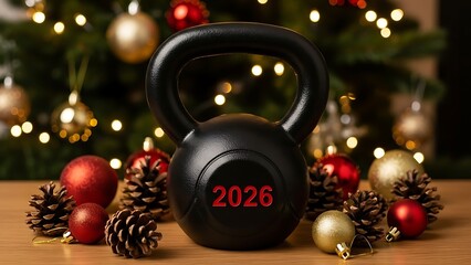 Black Kettlebell with 2026 Marked Surrounded by Christmas Decorations