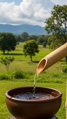 Bamboo spout pouring water into a brown bowl in a lush green landscape with distant mountains