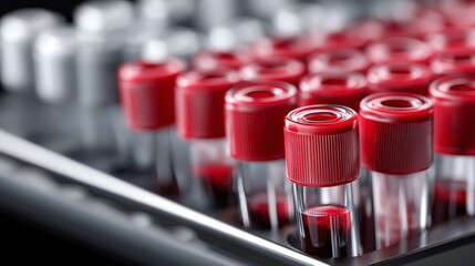 In a laboratory setting, rows of blood tubes with bright red caps rest in storage. These frozen samples are essential for various medical research and analyses conducted by scientists