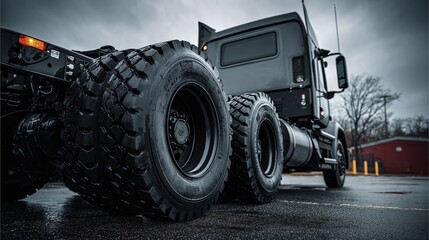 Focus on the wheels of the heavy-duty truck, set against a cloudy sky. The sturdy tires are the focal point, emphasizing the truck's robust build and preparedness.