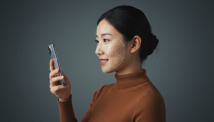 Woman engaging with facial recognition technology on her mobile phone, with a graphical overlay mapping her face, illustrating security, privacy, and personal data protection