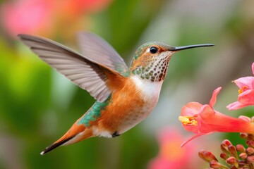 Obraz premium Vibrant hummingbird hovering near flowers