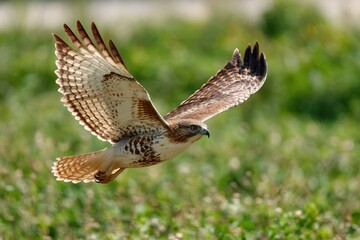 Fototapeta premium Hawk in flight against a green backdrop