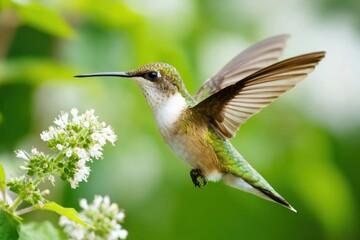 Fototapeta premium Vibrant hummingbird hovering near flowers