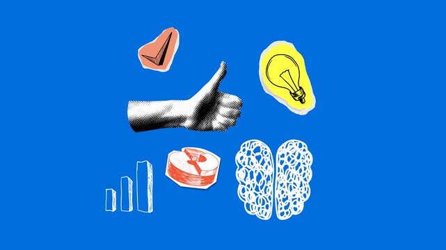 Positive thinking. Halftone hand with thumb up. Brain, light bulb, check mark, chart sketches. Idea, success, marketing, knowledge concept. Startup, new business. Collage animation