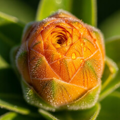 Macro of Orange Flower Bud with Dew Drops on Surface Leaves