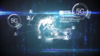 Animation of data processing and data processing over 5g text icons - Powered by Adobe