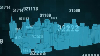 Animation of data processing over digital city on black background - Powered by Adobe