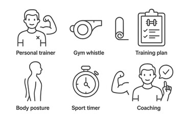 Fitness icons: personal trainer, gym whistle, training plan, posture, timer, coaching