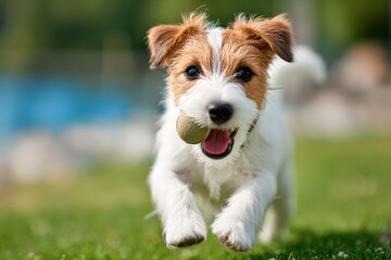 Playful dog running with a ball in mouth