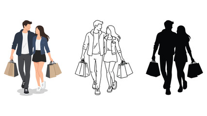 A young couple walking together with shopping bags in hand happily