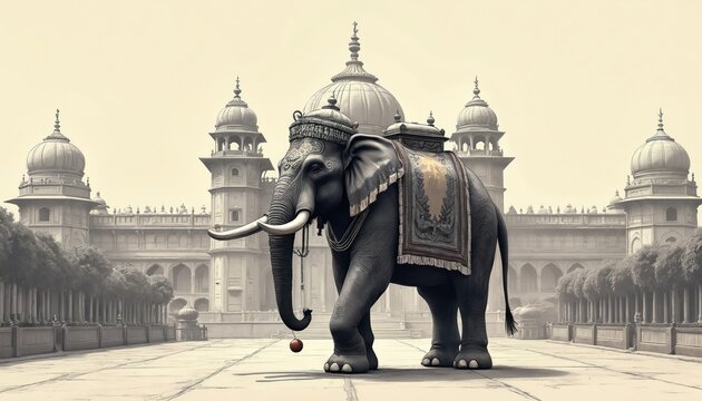 Elephant walking in front of Mysore palace. Jumboo Savari parade at Dasara festival. Indian carnival elephants procession. Traditional hindu celebration in India. Beige palace architecture at