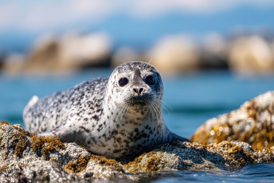 Seal resting on a rock by the ocean - Powered by Adobe
