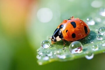 Fototapeta premium Close-up of a ladybug on a leaf with water droplets