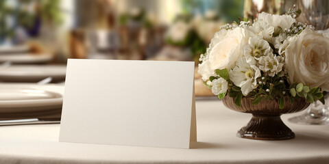 Wedding table setting with card mockup and flowers