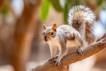Obraz premium Red squirrel perched on a branch in soft light