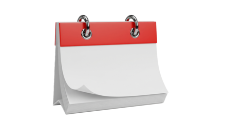 Blank desk calendar with red header and metal rings on transparent background