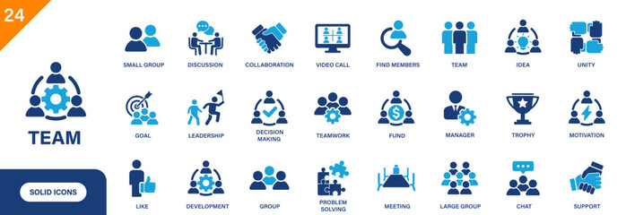 Team icon. Includes people, problem solving, teamwork, unity, group, support, find members. Solid vector icon set.