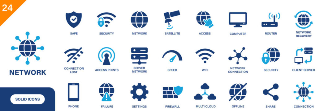 Network icon. Includes internet, router, connect, offline, wifi, server network. Solid vector icon set.