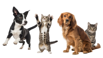 Diverse Group of Playful and Calm Domestic Pets: A Black and White Puppy, a Standing Tabby Cat, and a Golden Dog with a Tabby Kitten, isolated on transparent background.