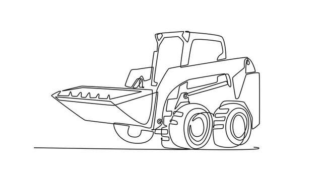 Animated self drawing of continuous line draw compact skid steer loader, mechanical structure, front bucket in minimalist style perfect for industrial design projects. Full length one line animation