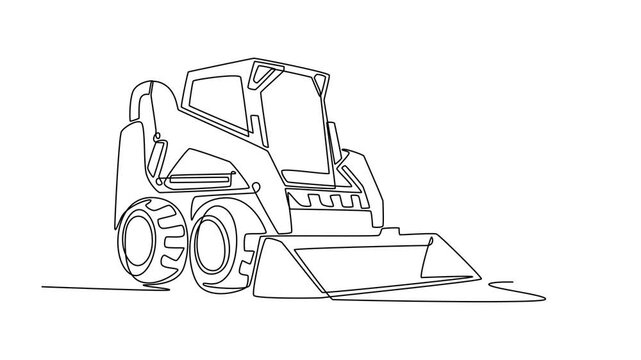 Animated self drawing of continuous line draw skid steer loader, sturdy front loader bucket used for versatile site cleanup and material handling on building projects. Full length one line animation