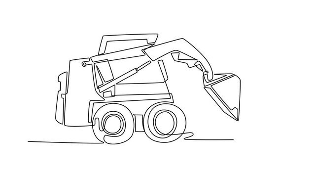Animated self drawing of continuous line draw elegant skid steer loader from side view, showcasing a compact industrial machinery silhouette in clean and professional. Full length one line animation