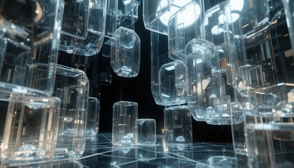 Abstract 3D rendering of transparent glass cubes with reflections and glowing lights on a dark background, concept of data technology and futuristic architecture