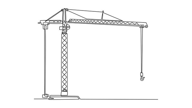 Animated self drawing of continuous line draw solitary tower crane, high-contrast industrial silhouette that represent construction, progress, and modern engineering. Full length single line animation