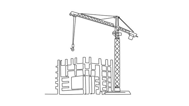 Animated self drawing of continuous line draw tower crane working on skyscraper frame, intricate grid of building and reach of the crane during construction projects. Full length single line animation