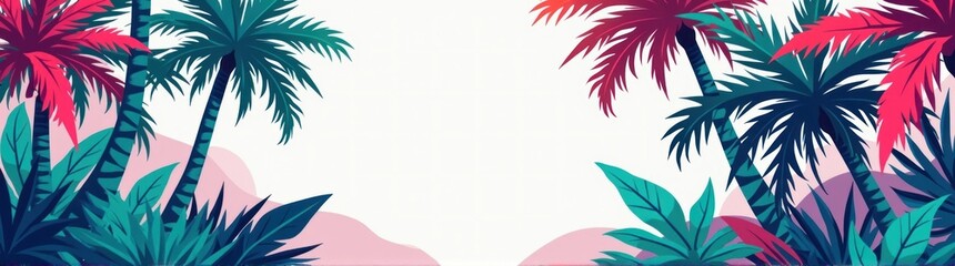 Fototapeta premium Tropical background with palm trees and mountains travel concept banner copy space