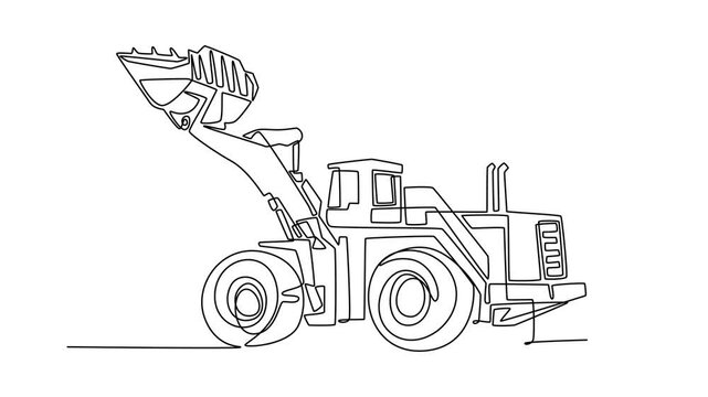 Animated self drawing of continuous line draw industrial wheel loader, front bucket, large tires used for material handling and earthmoving on heavy construction sites. Full length one line animation
