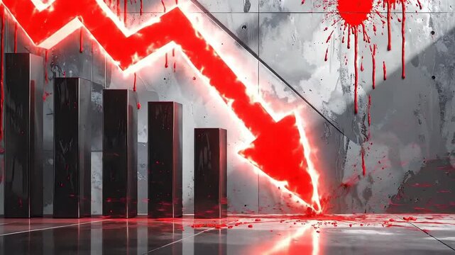 Dramatic financial downturn illustration with a red arrow pointing down and black bar graph.