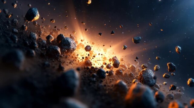 A stunning portrayal of cosmic phenomena, showcasing asteroids and stellar explosions in vibrant detail.