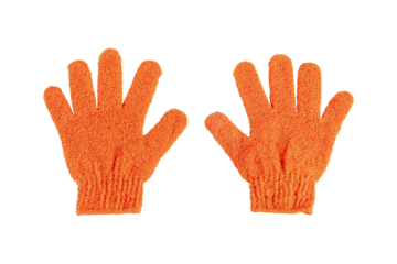 An orange exfoliating glove in a hand against a transparent background.