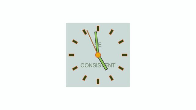 On a white background are four clocks. Each displays the time. The clocks also each display the words Be Consistent, a reminder to develop steady habits