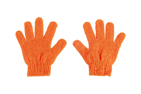 An orange exfoliating glove in a hand against a transparent background. - Powered by Adobe