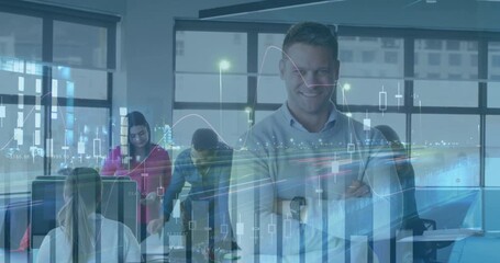 Animation of data processing over diverse business people discussing at meeting - Powered by Adobe