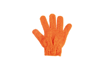 An orange exfoliating glove in a hand against a transparent background.