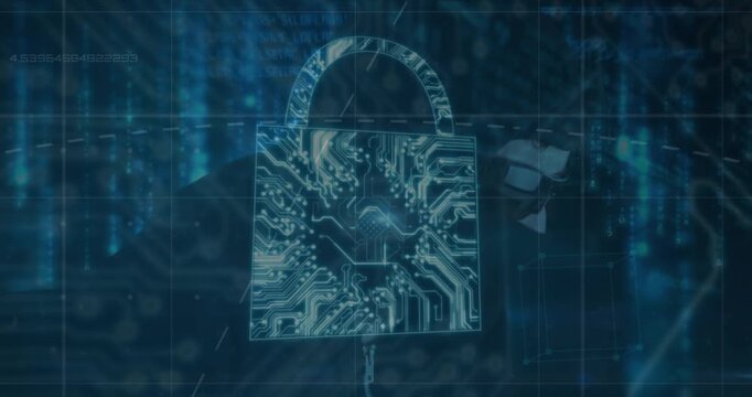 Animation of security padlock icon and data processing over male hacker using laptop